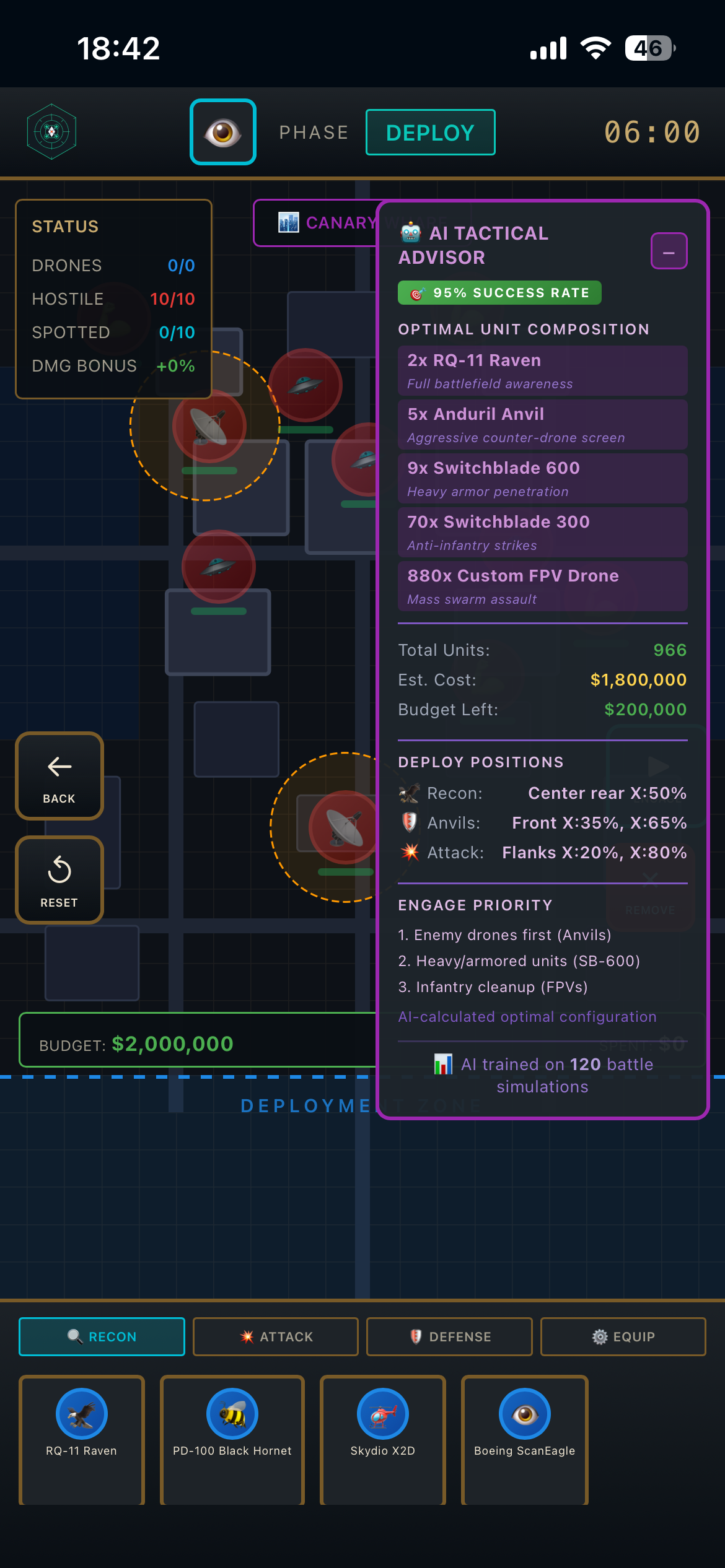 BattleBottle mobile AI Tactical Advisor showing recommended unit composition and deployment positions