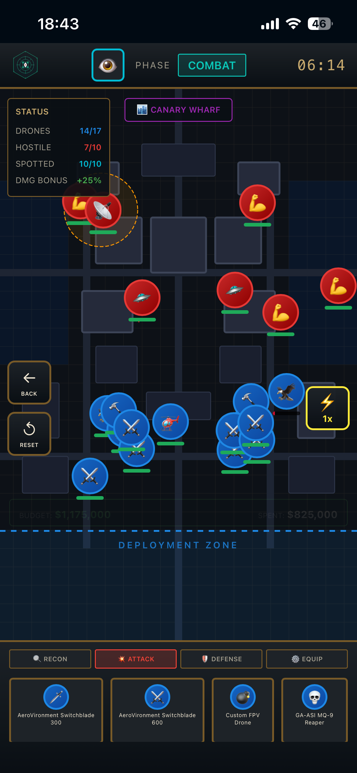 BattleBottle mobile combat phase showing deployed friendly drones engaging hostile units on Canary Wharf map