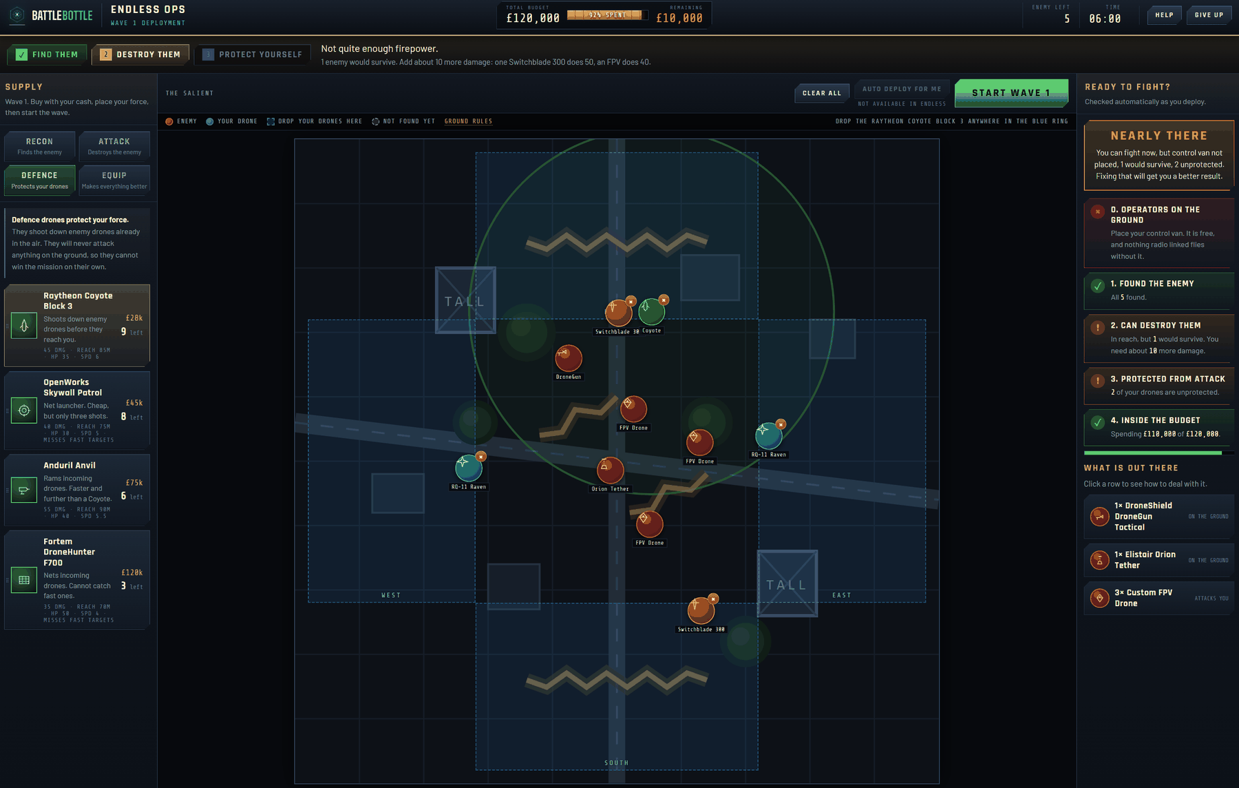 BattleBottle video game showing a wave one deployment on The Salient map, with counter-drone units placed against hostile drones inside a set budget